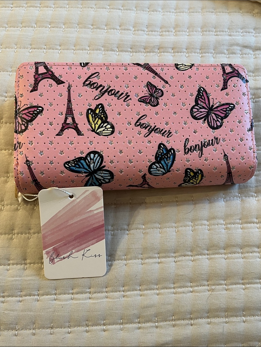Blush Kiss Double Zipper Wallet Sparkle French Design Butterflies NWT Gift Idea
